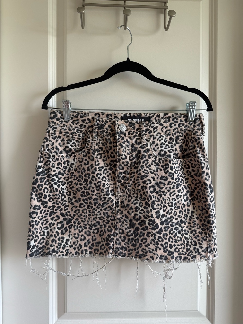 Y2K Express Distressed Denim Leopard Mini Skirt 4